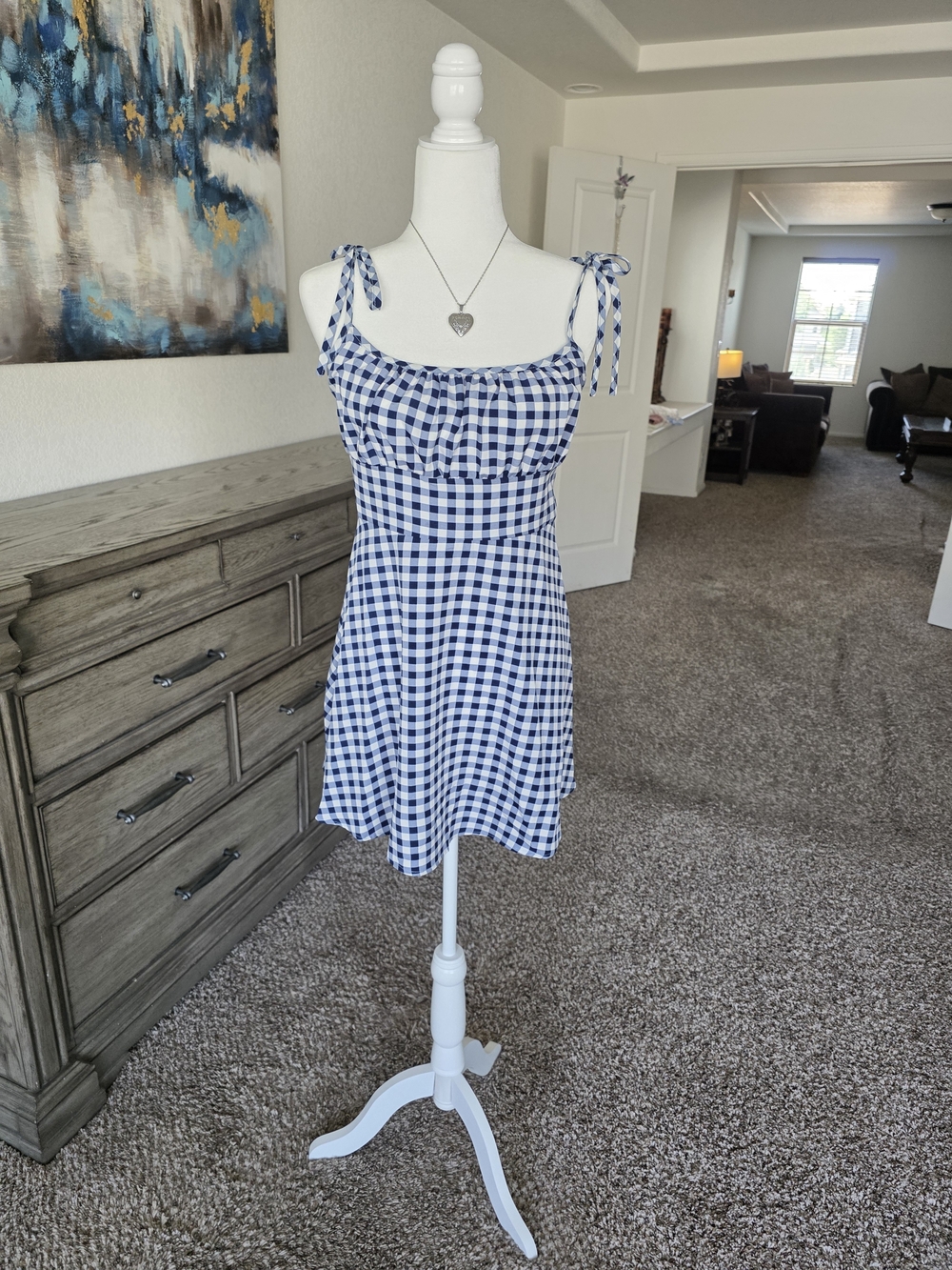 Blue and White Gingham Tie-Strap Sundress